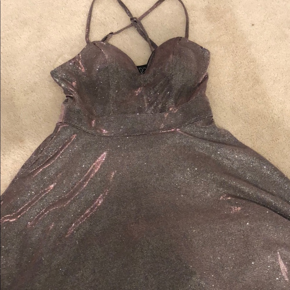 Purple sparkly cross back homecoming dress